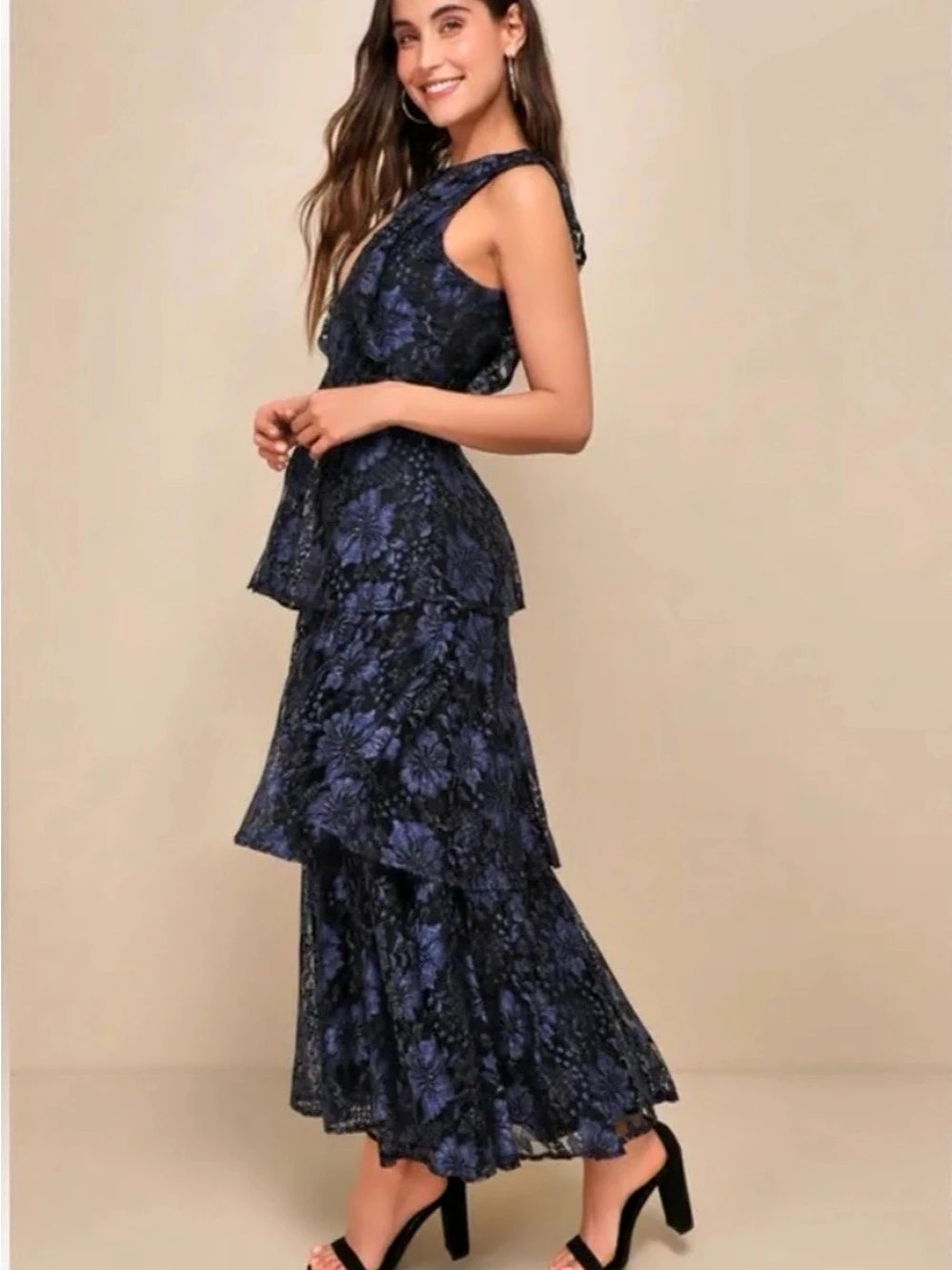 Lulus Molinetto Navy Blue Lace Ruffled Tiered Sleeveless Maxi Dress Maxi Dress